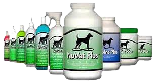 Row of NuVet Plus pet supplement bottles